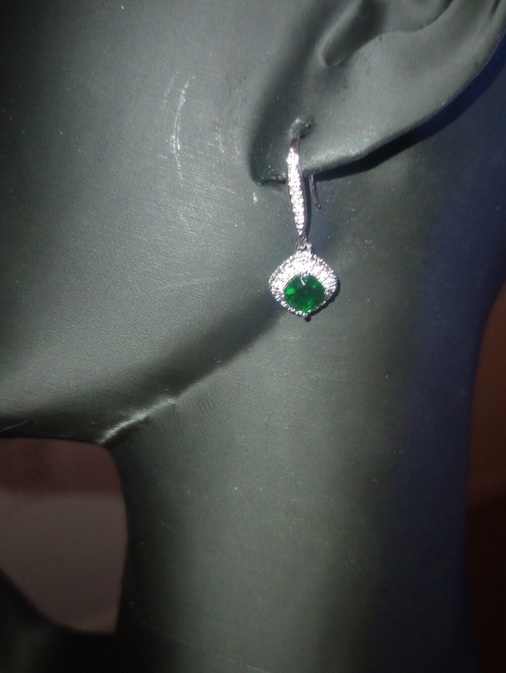 Silver Tone Green Gem Drop Earrings